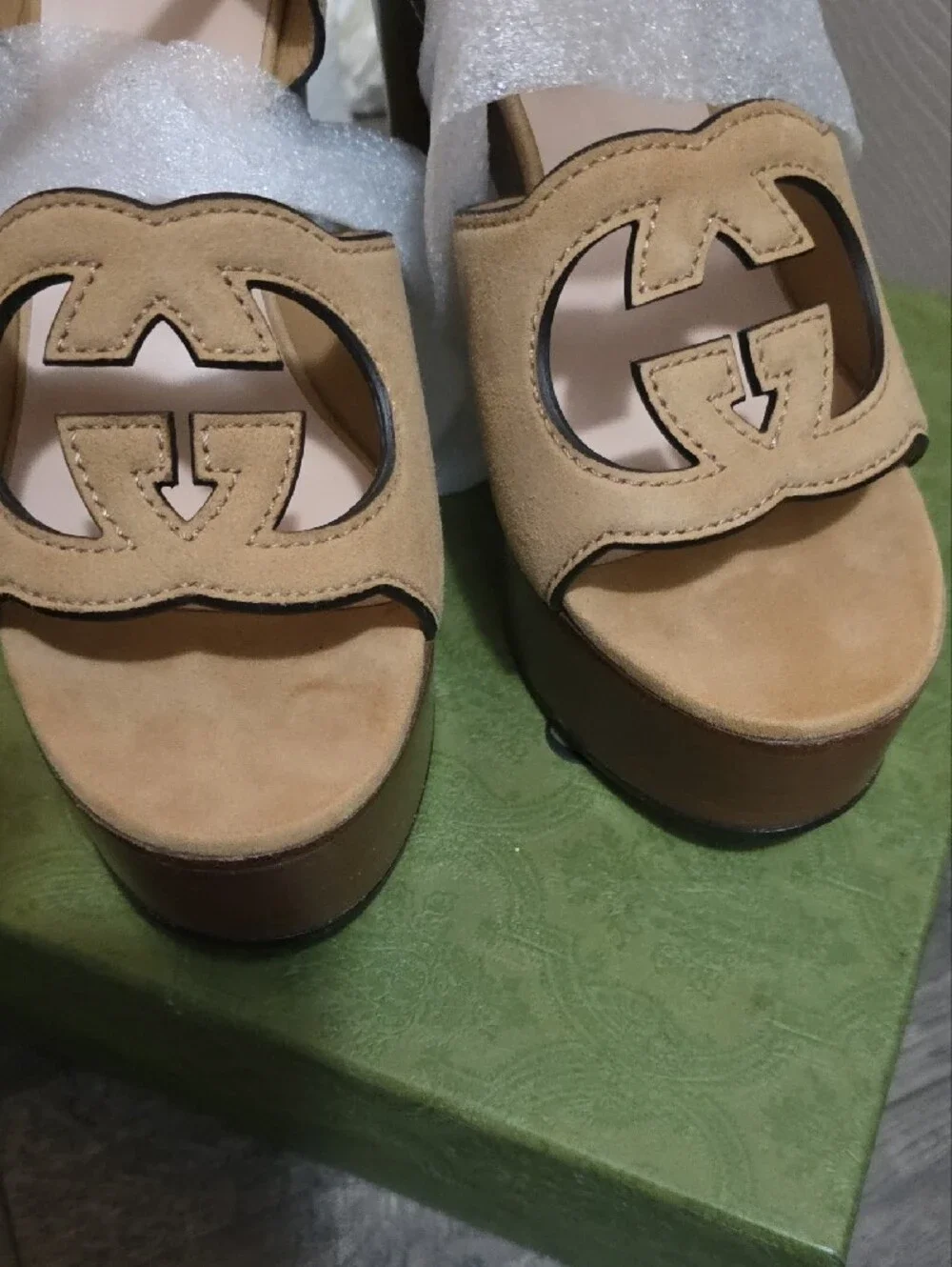 Gucci Tan Suede Platform Sandals with Interlocking G